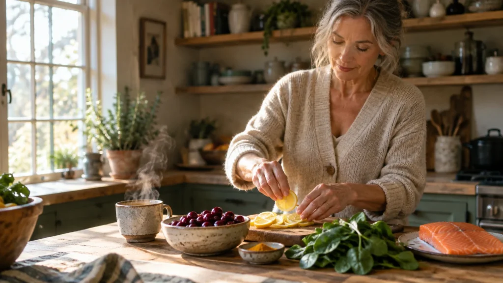 A woman slices lemons at a wooden counter surrounded by fresh spinach, salmon, cherries, and a steaming mug.