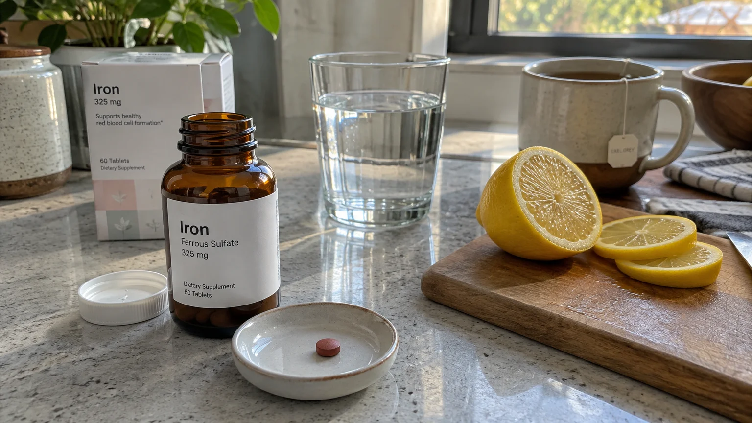 Iron supplement bottle and tablet next to a glass of water, sliced lemon on a cutting board, and a mug of tea.