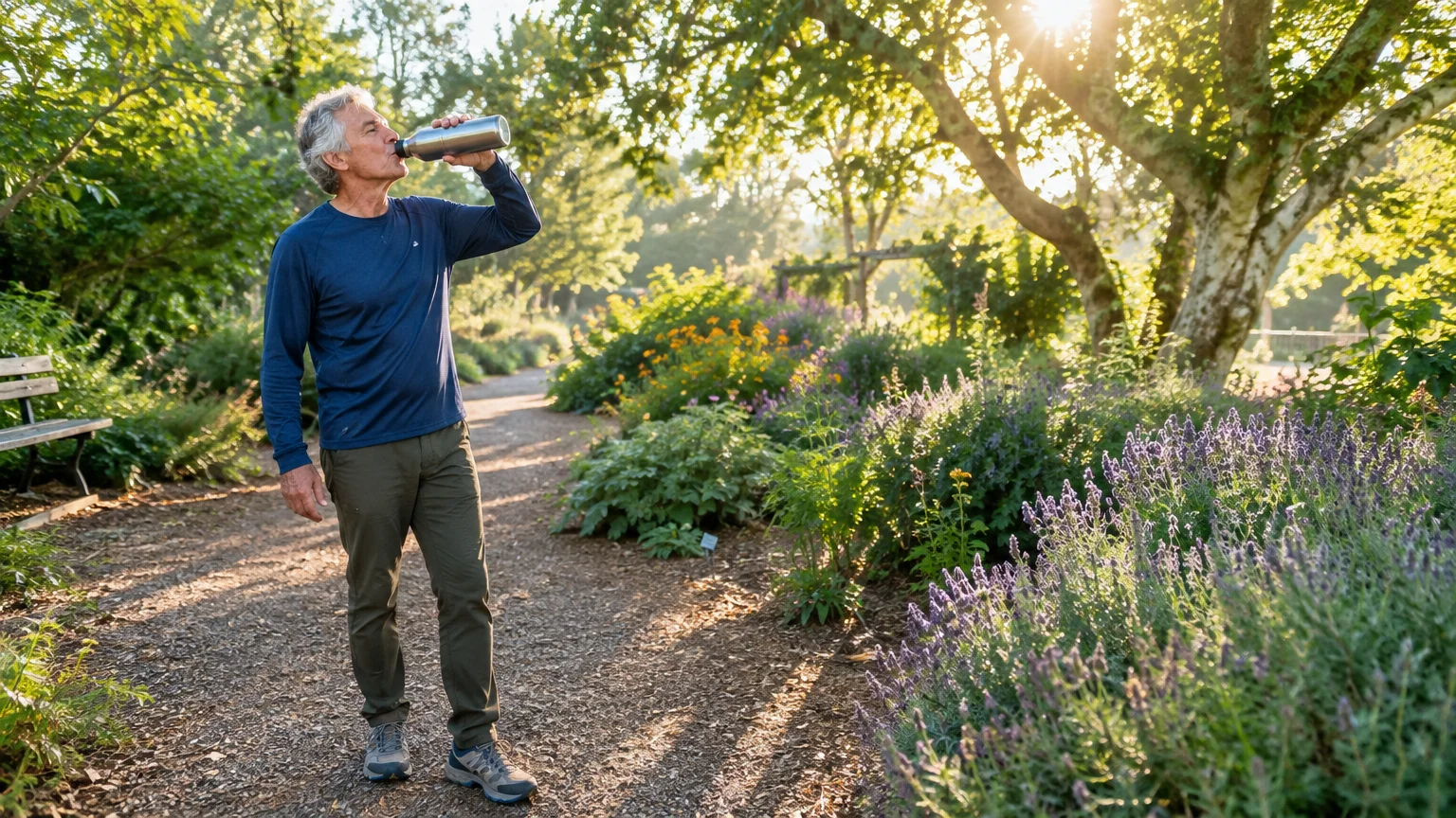 A mature man drinks from a stainless steel water bottle on a sunny gravel path surrounded by lush garden flowers.