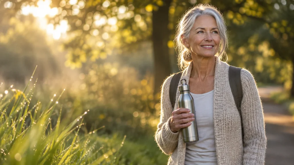 A smiling mature woman with gray hair walks along a sunlit nature path holding a reusable metal water bottle.