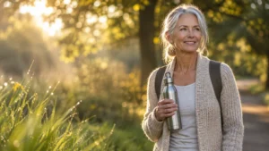 A smiling mature woman with gray hair walks along a sunlit nature path holding a reusable metal water bottle.