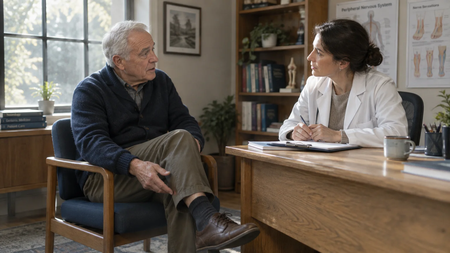 An older man sits across from a doctor in a white coat at a wooden desk, gesturing toward his lower leg.