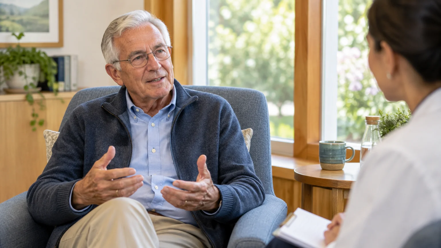 An older man with glasses sits in an armchair talking with a doctor who holds a clipboard.