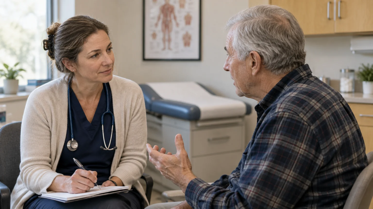 A doctor with a stethoscope sits with a notepad, listening to a senior male patient in an examination room.