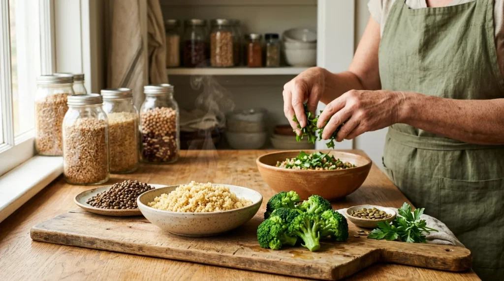 Person in an apron garnishing a grain bowl on a wooden counter with broccoli, lentils, and couscous nearby.