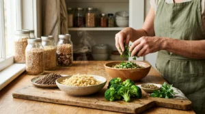 Person in an apron garnishing a grain bowl on a wooden counter with broccoli, lentils, and couscous nearby.