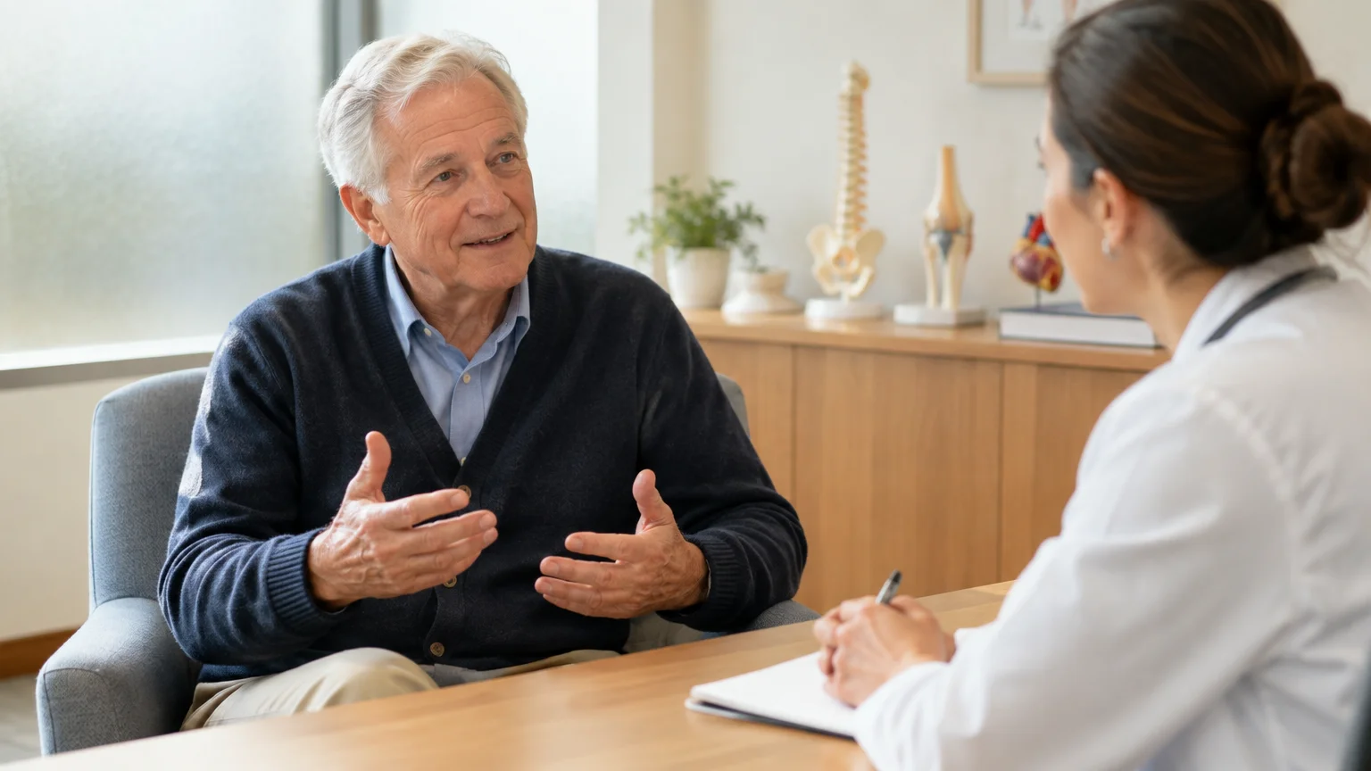 An older man speaks with a female doctor seated across a desk in a medical examination room.