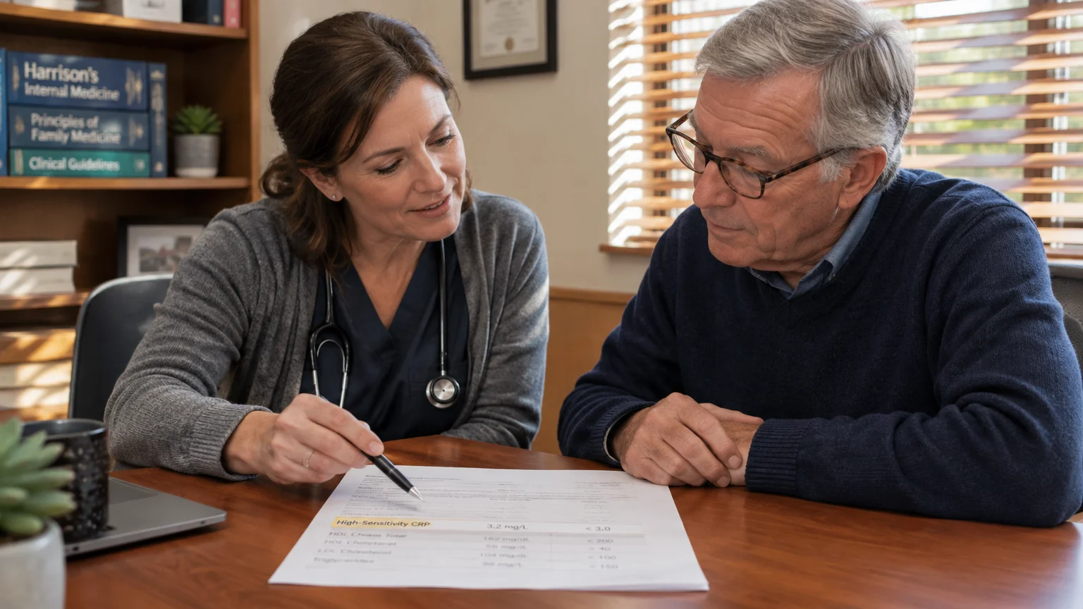 A doctor points with a pen to high-sensitivity CRP lab results on a desk while speaking with an older male patient.