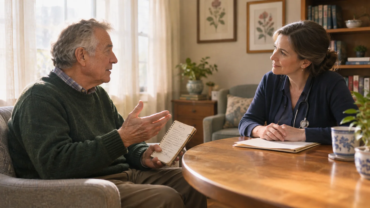 An older man holding a notepad speaks with a female doctor wearing a stethoscope across a wooden table.