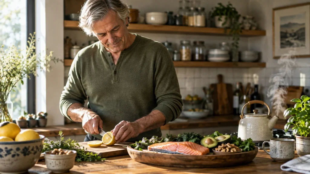 A man slices a lemon in a kitchen near salmon, avocado, walnuts, and a steaming kettle on the counter.