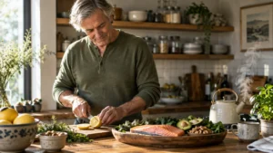 A man slices a lemon in a kitchen near salmon, avocado, walnuts, and a steaming kettle on the counter.