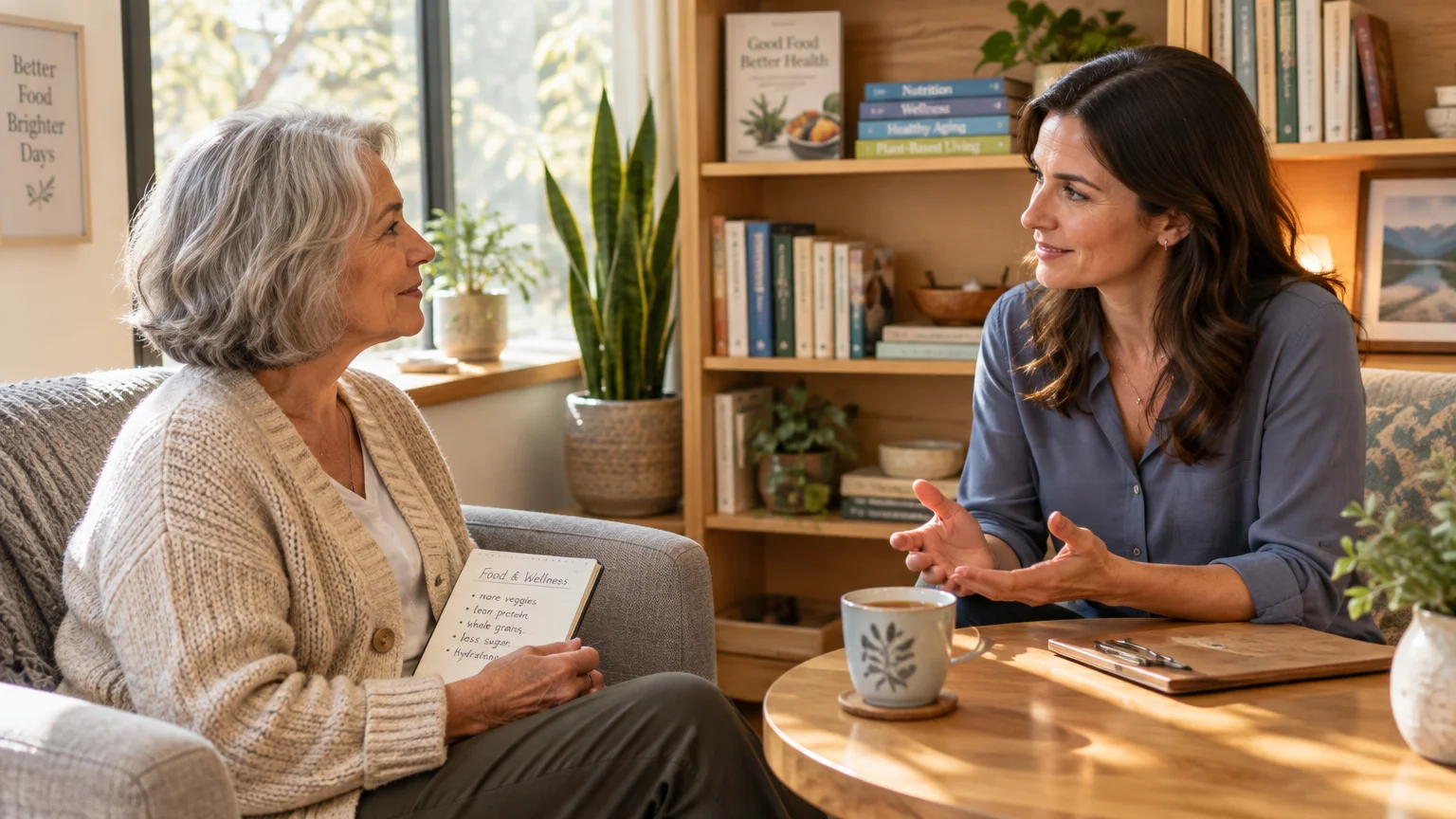 A woman speaks with an older woman holding a wellness notebook while seated together in an office setting.