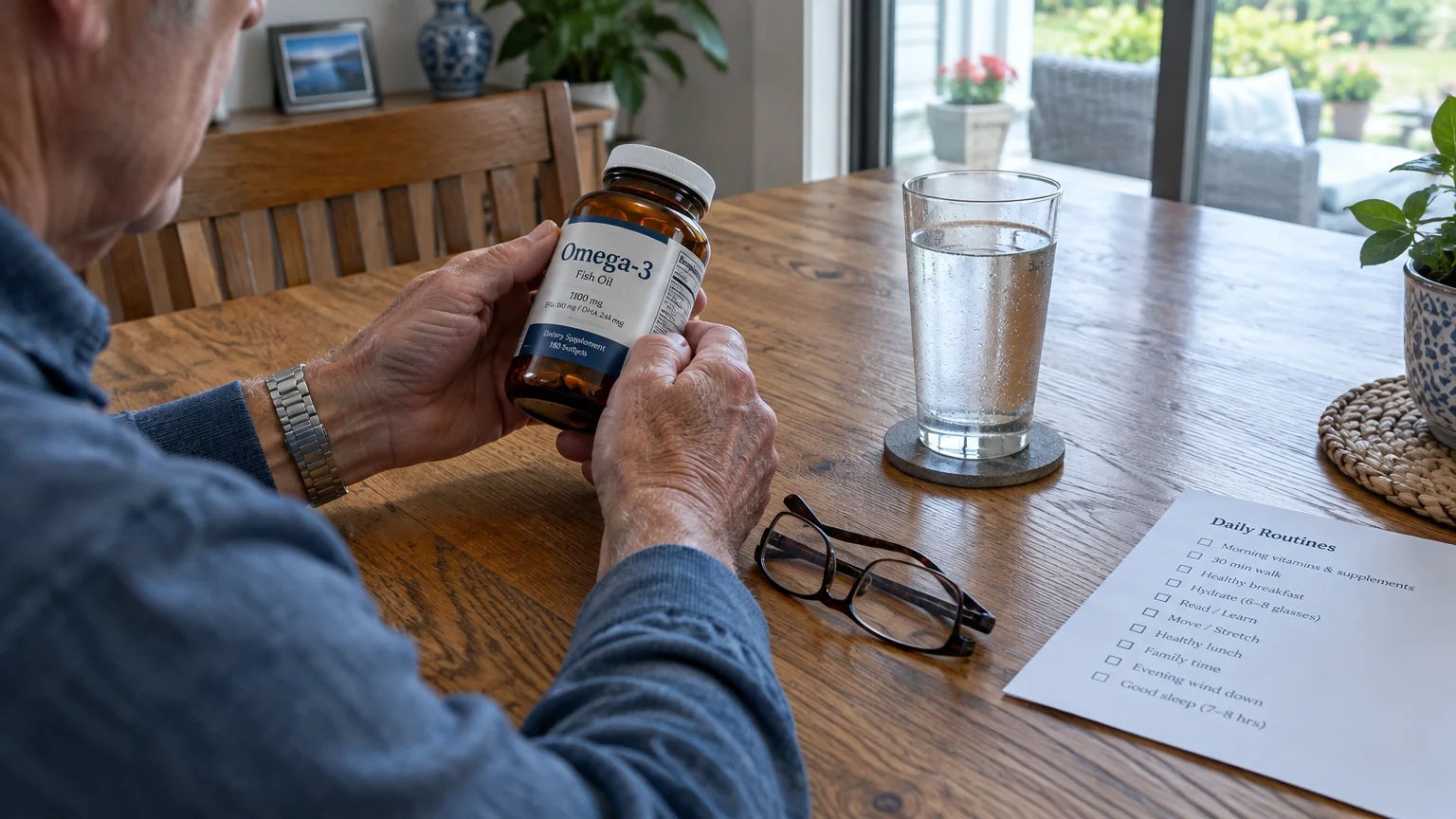 A man sits at a wooden table holding an Omega-3 fish oil bottle beside a glass of water and a daily routines checklist.