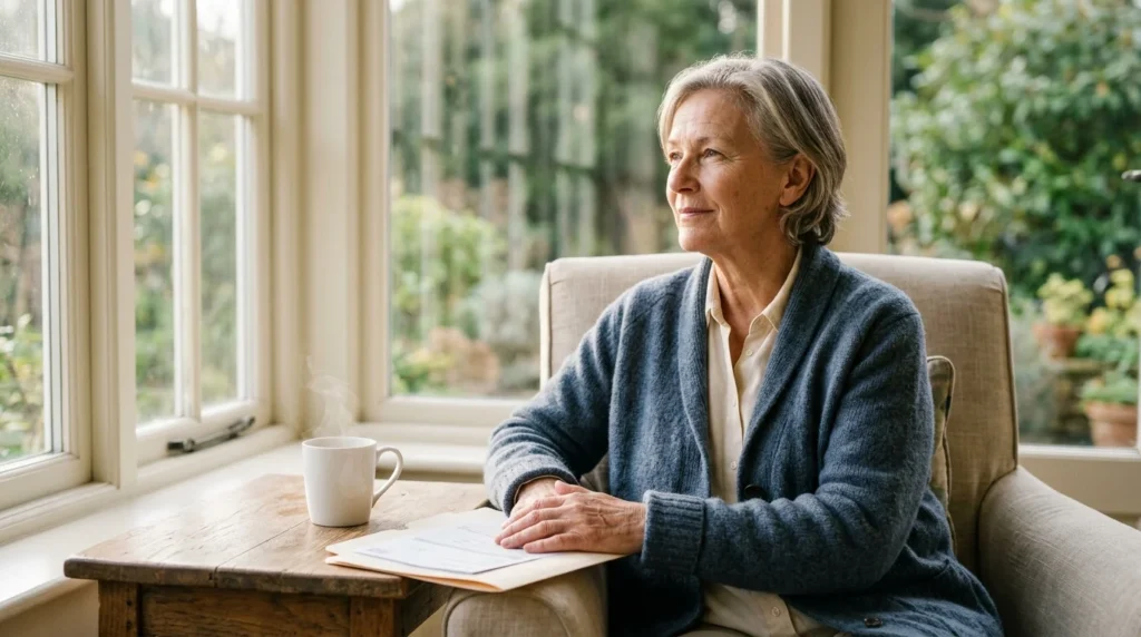 A senior woman in a blue cardigan sits in an armchair by a window next to a steaming mug and papers.