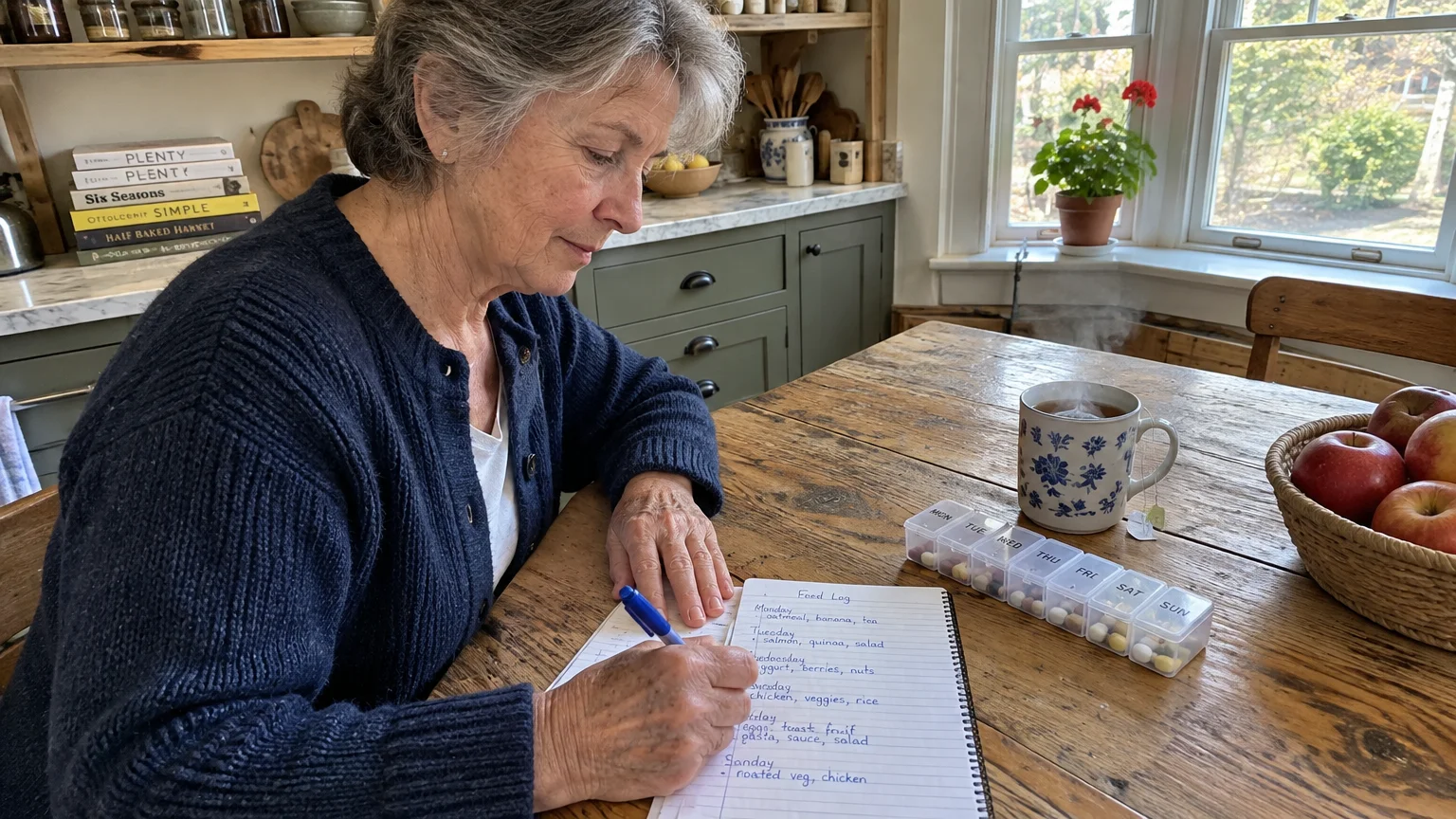 Woman writing in a food log notebook at a wooden kitchen table beside a weekly pill box and tea mug.