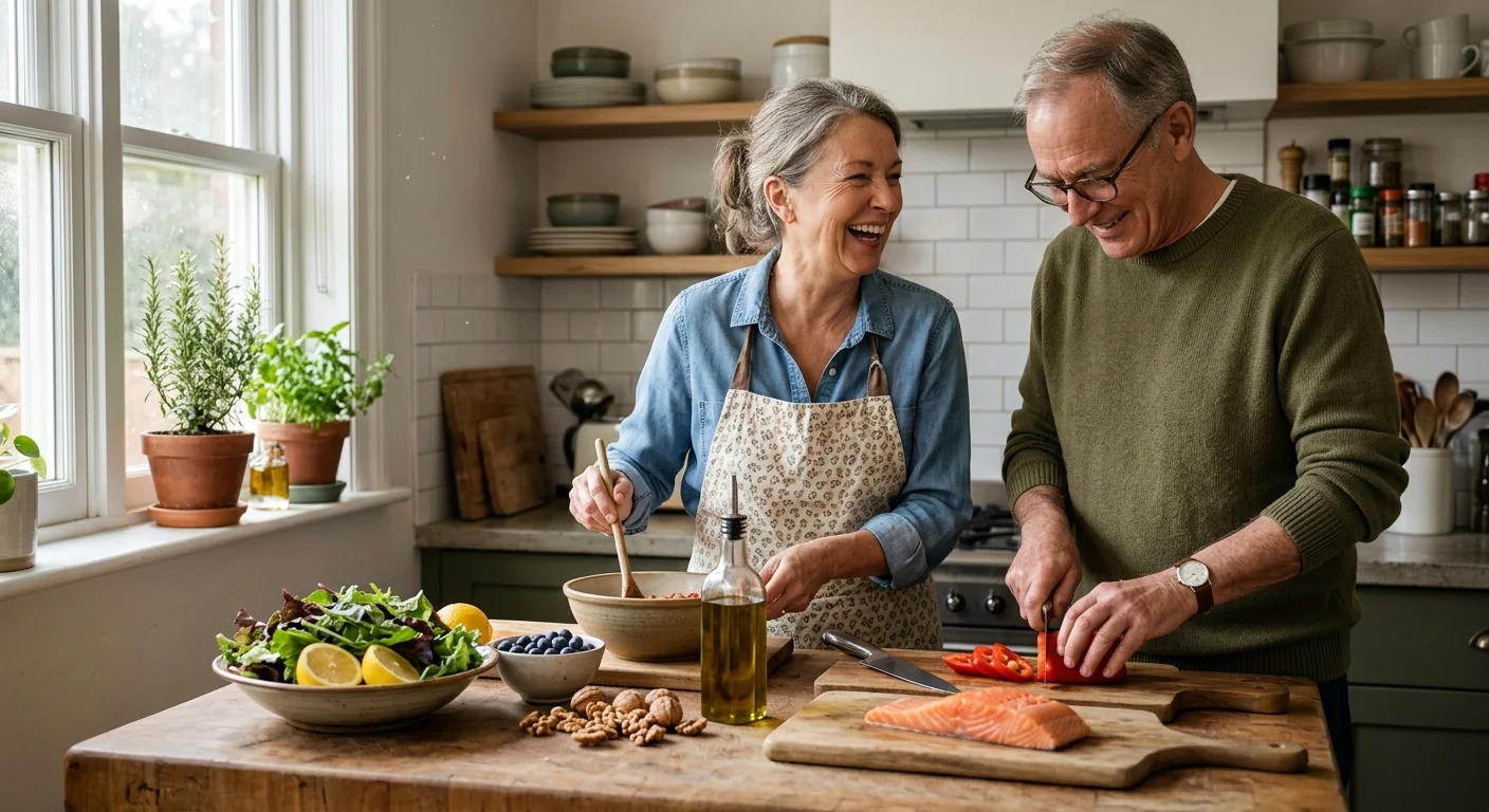 Smiling senior couple preparing a healthy meal with fresh salmon, vegetables, nuts, and berries in a kitchen.