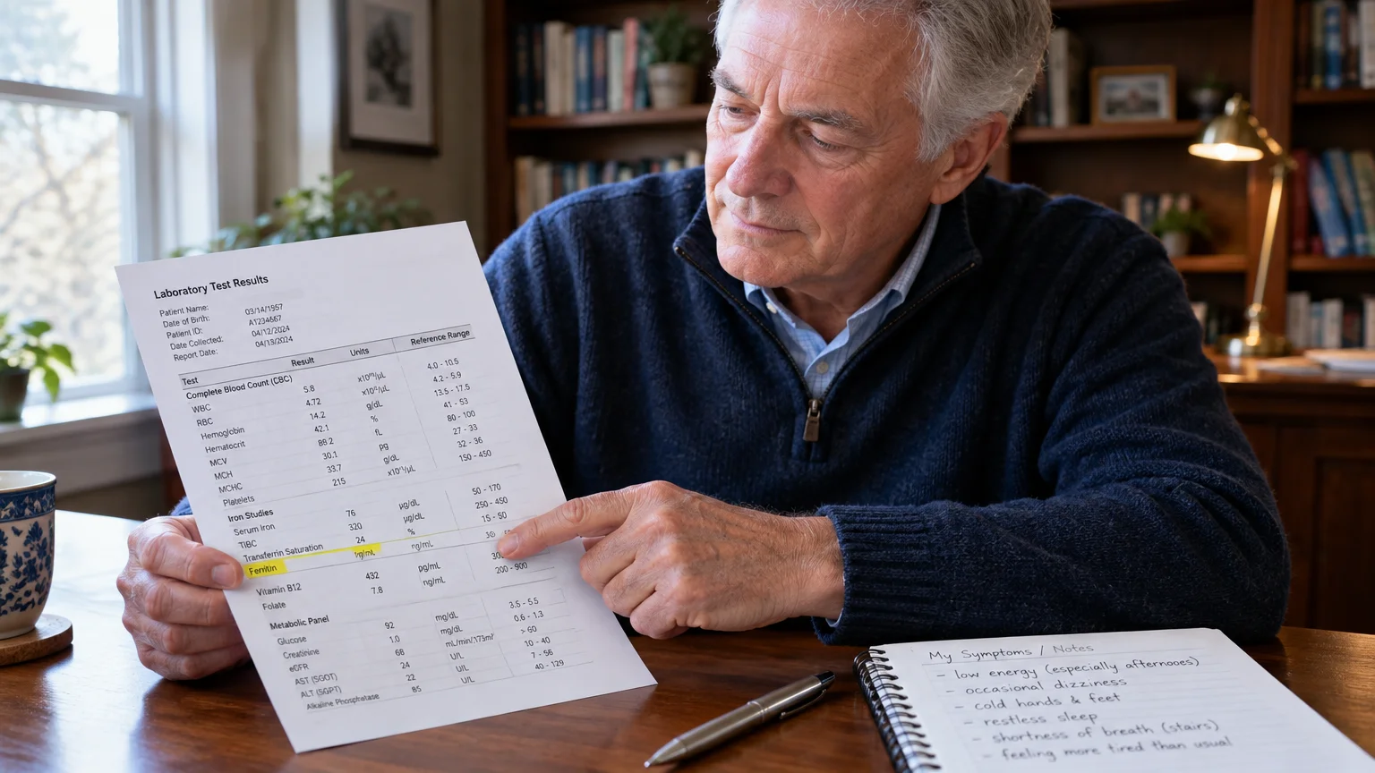A senior man points to highlighted ferritin results on a lab report next to a handwritten symptom notepad.