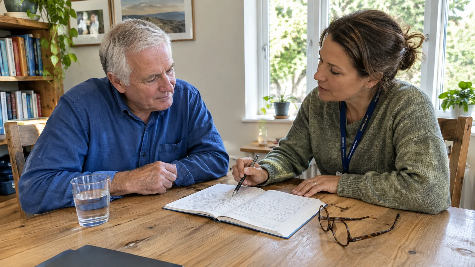 A woman and an older man sit at a wooden table reviewing an open notebook together while she points with a pen.