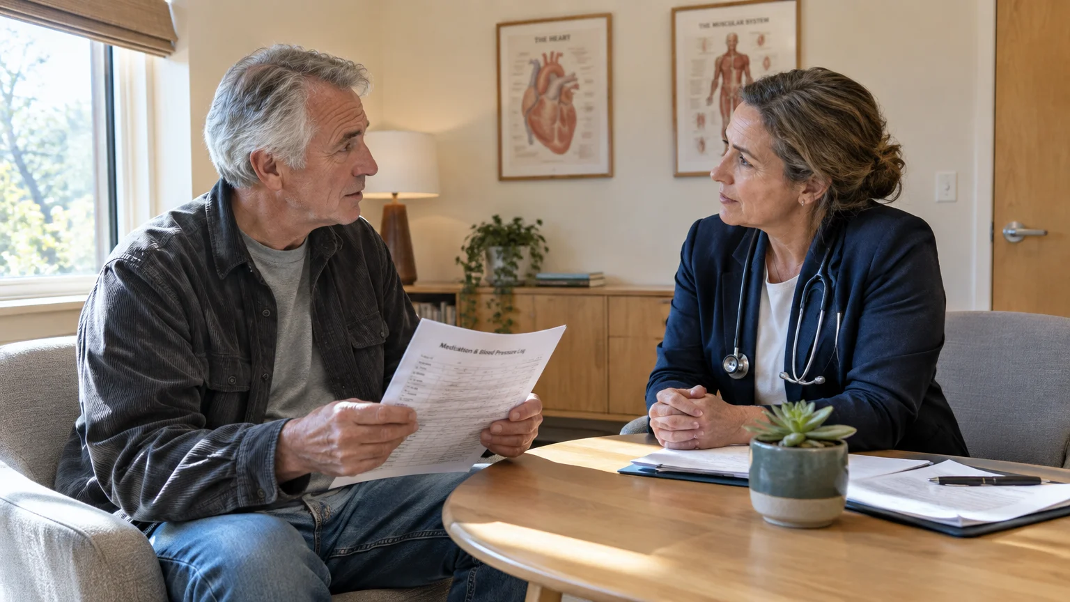 A doctor wearing a stethoscope sits at a table listening to an older man holding medical paperwork in a clinic.