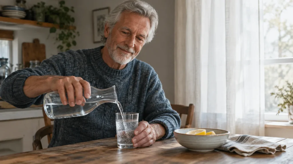 A senior man with grey hair pours water from a glass carafe into a drinking glass at a wooden table.