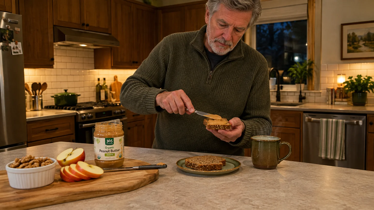 A man spreads peanut butter onto sliced bread at a kitchen counter beside apples, walnuts, and a mug.