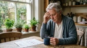 An older man sits at a wooden table holding his forehead beside a printed calendar and a warm mug.