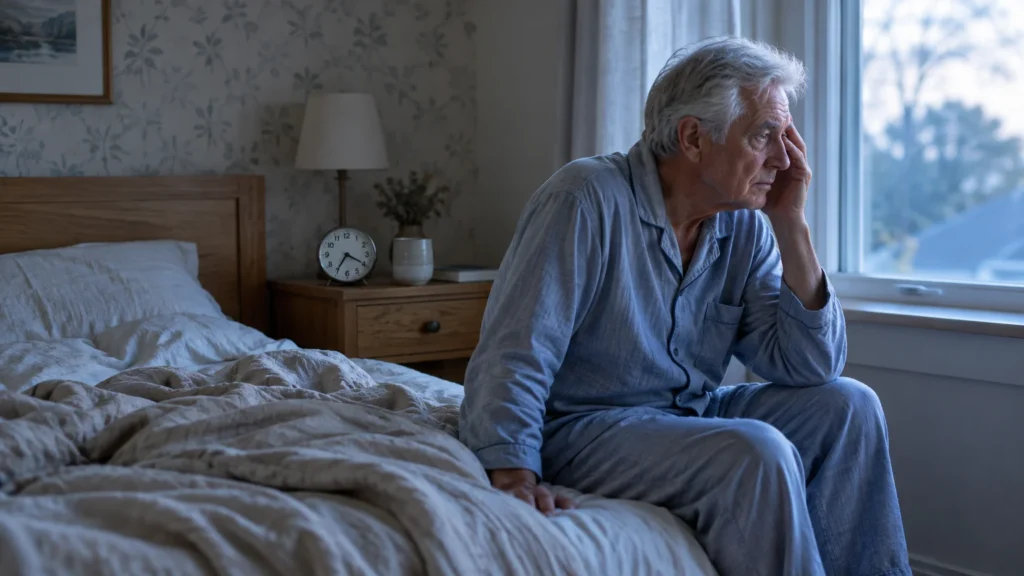 Senior man in blue pajamas sitting on the edge of a bed, holding his temple and looking out a window.