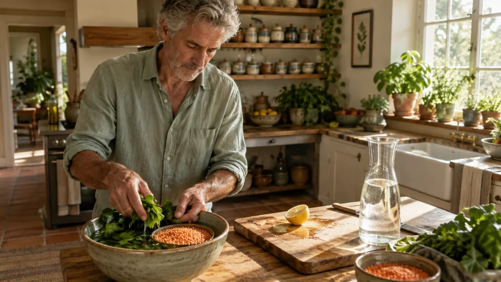 A senior man prepares fresh leafy greens and lentils in a sunlit rustic kitchen.