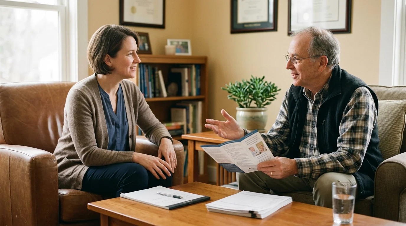 An older man holds a brochure while speaking to a woman across a coffee table in an office.