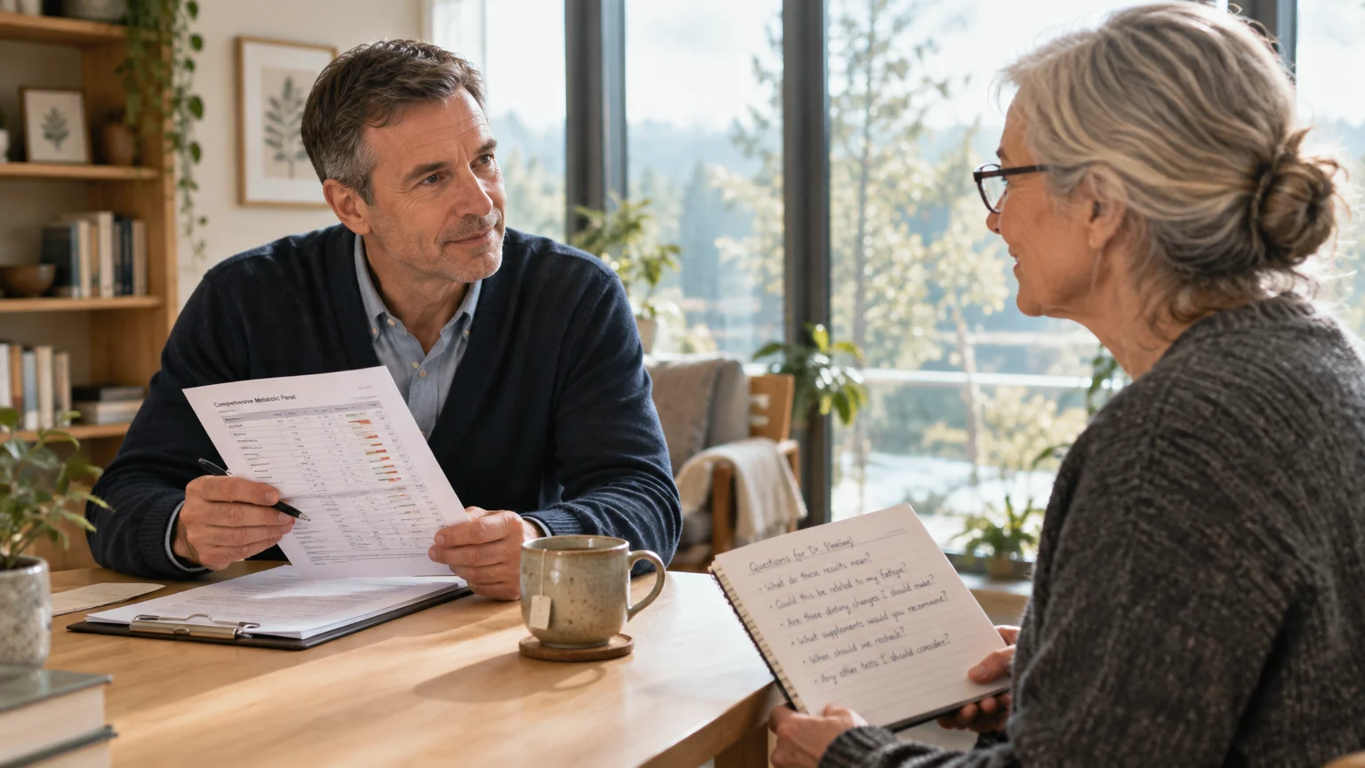 A man reviews lab test papers across a wooden table while speaking with an older woman holding a handwritten notepad.