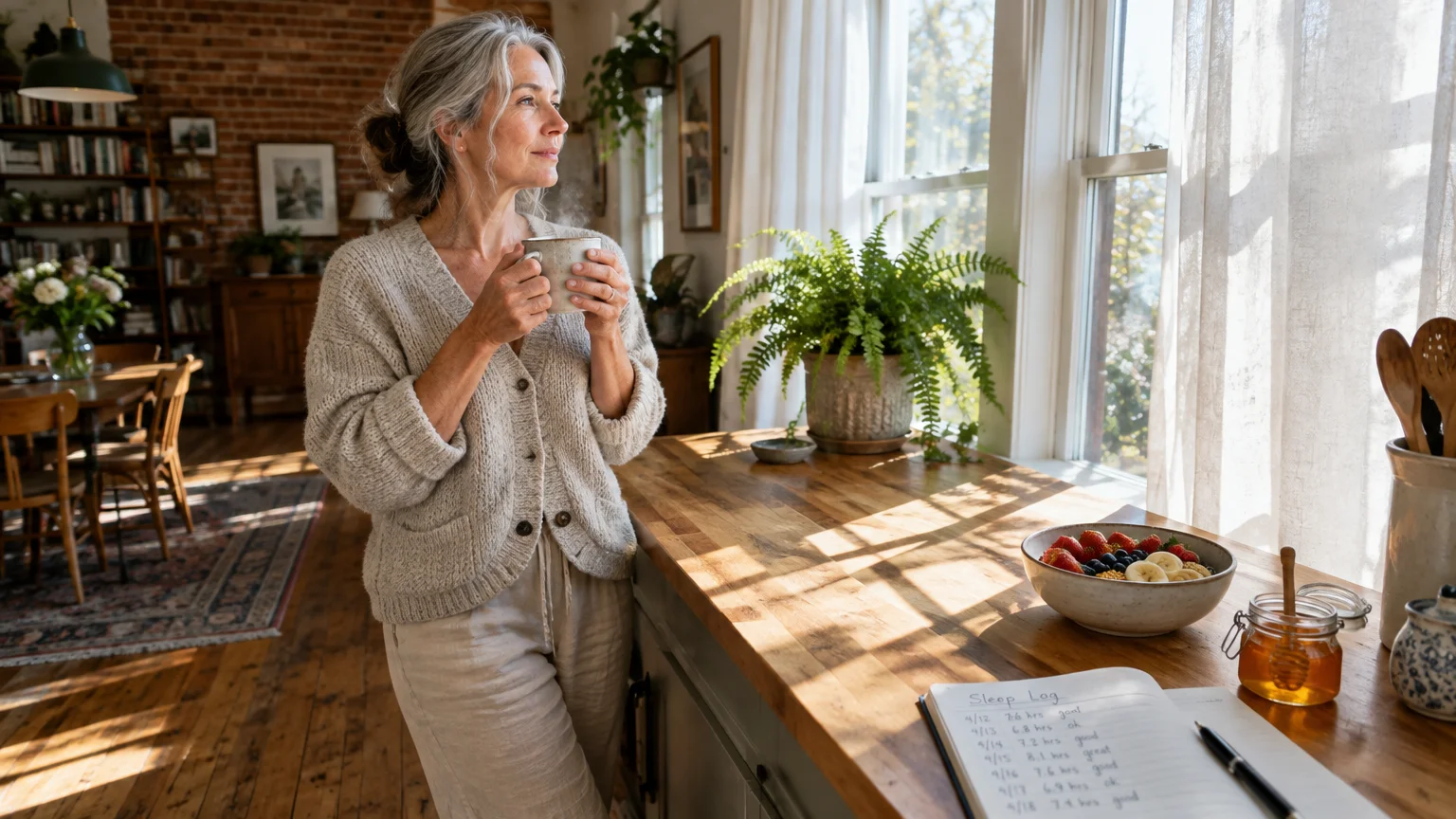 Woman holds a warm mug near a sunny window beside a fruit bowl and a handwritten sleep log notebook on a counter.