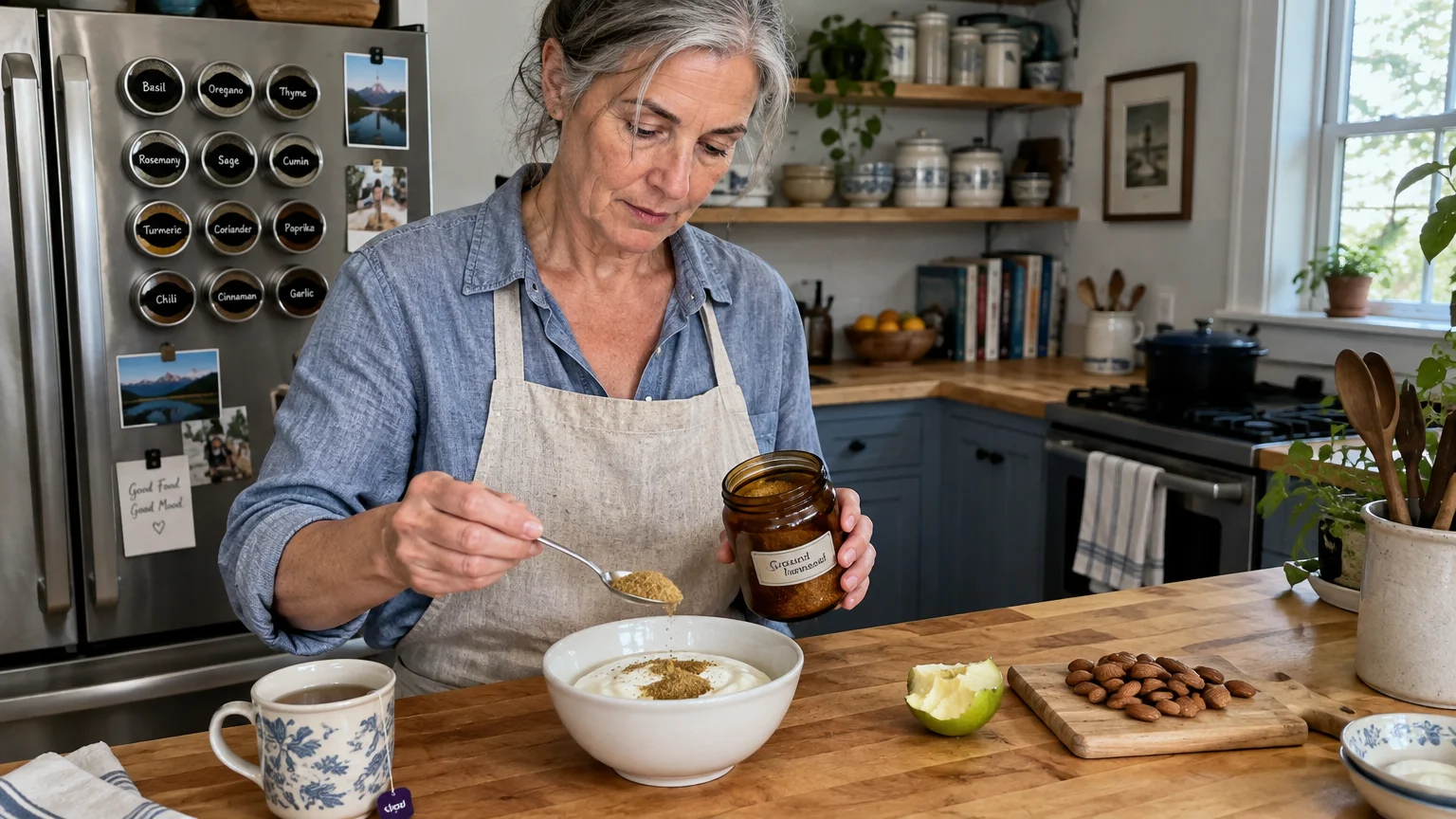 A woman in an apron spoons ground flaxseed into a bowl of yogurt on a kitchen counter near almonds and a cut apple.