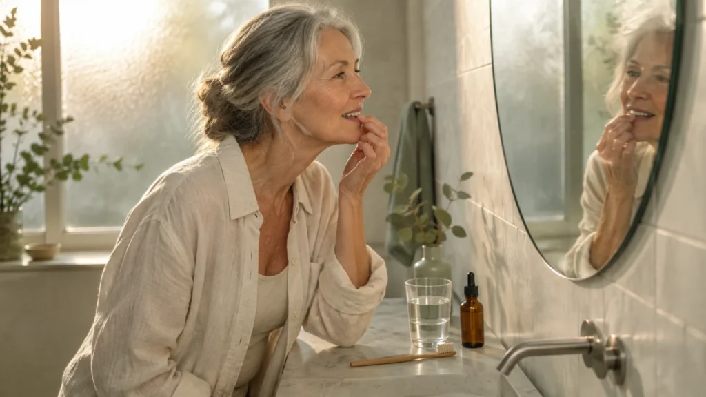 Mature woman with gray hair looking into a round bathroom mirror and touching her lip by a marble sink.