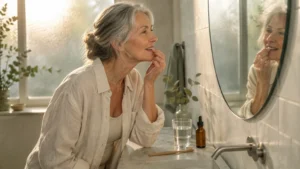 Mature woman with gray hair looking into a round bathroom mirror and touching her lip by a marble sink.