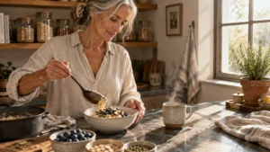 A smiling mature woman spoons warm oatmeal into a bowl topped with blueberries and seeds in a sunlit kitchen.