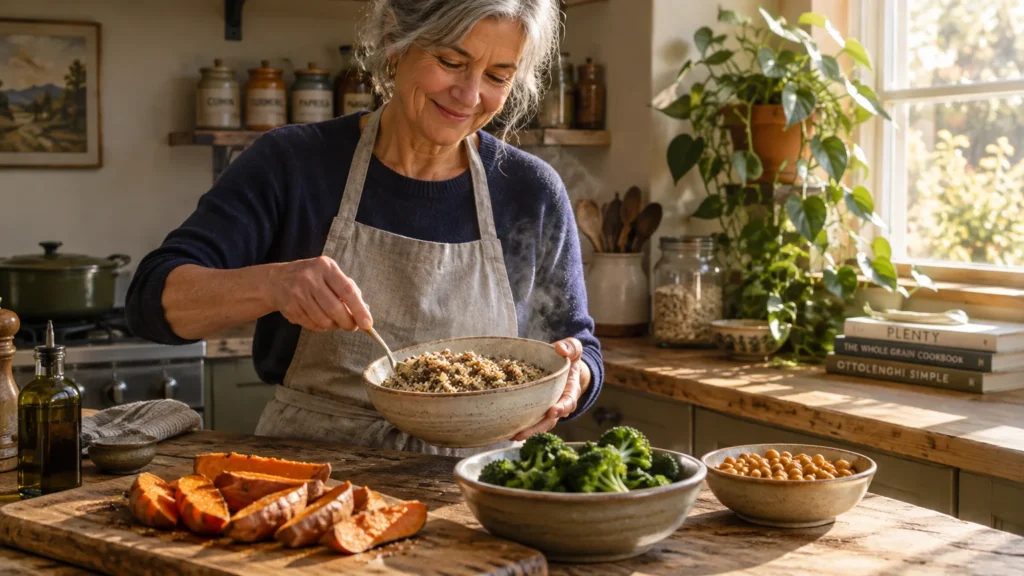 A smiling woman in an apron prepares steaming grains in a rustic kitchen surrounded by sweet potatoes and vegetables.