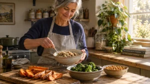 A smiling woman in an apron prepares steaming grains in a rustic kitchen surrounded by sweet potatoes and vegetables.