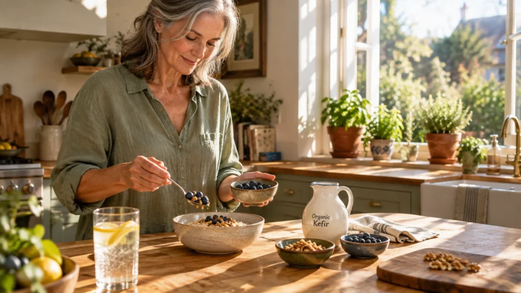 A mature woman in a sunny kitchen adds fresh blueberries to a breakfast bowl alongside kefir and walnuts.