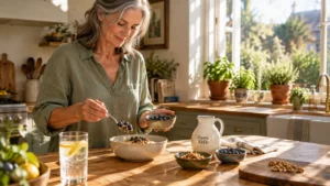 A mature woman in a sunny kitchen adds fresh blueberries to a breakfast bowl alongside kefir and walnuts.