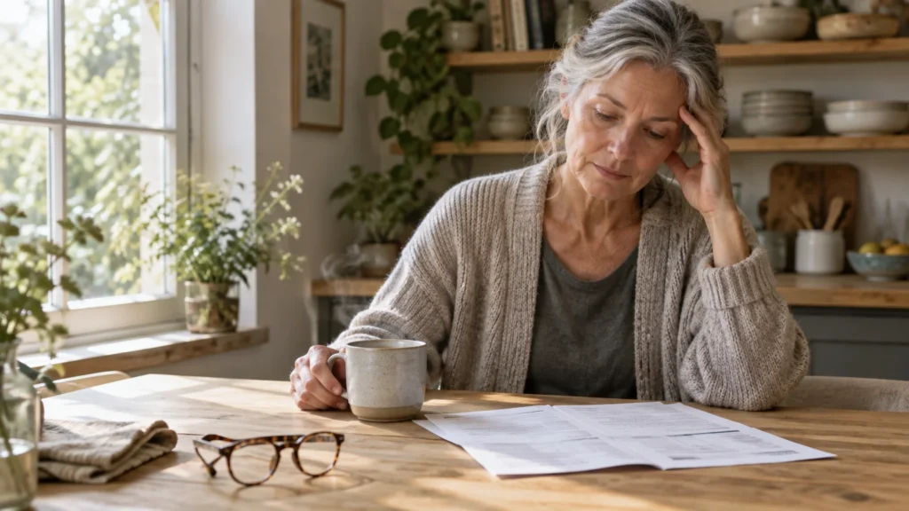Mature woman sitting at a wooden kitchen table resting her head on her hand while reading papers beside a mug.