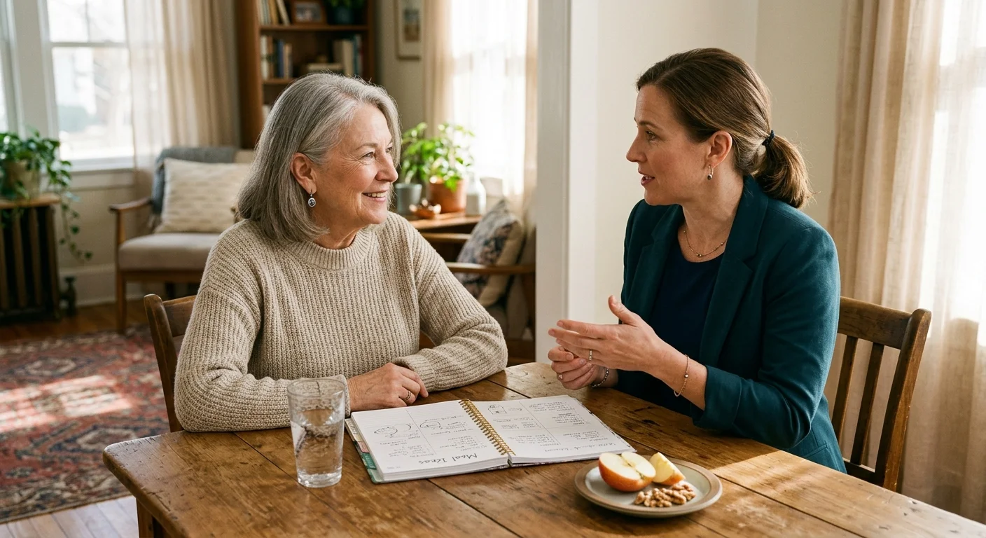 A senior woman sits at a wooden table discussing a meal planning notebook with a professional woman in a blazer.