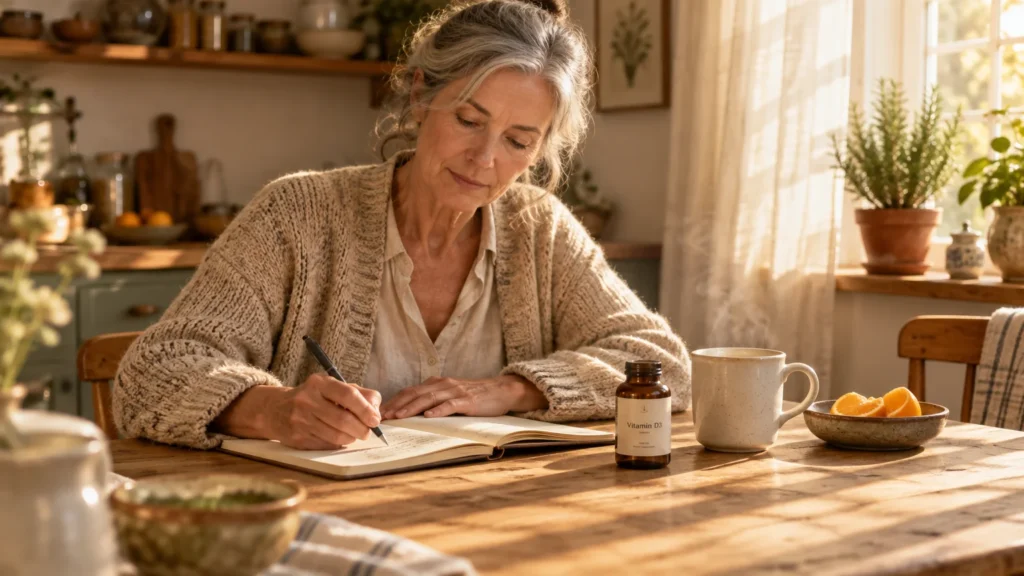 Mature woman writes in a notebook at a sunny kitchen table next to a bottle of Vitamin D3 and a steaming mug.
