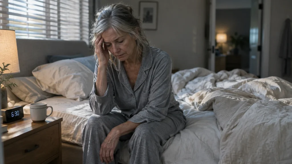 Senior woman in grey pajamas sitting on the edge of an unmade bed, holding her forehead looking tired.