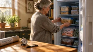 An older woman places a labeled container of butternut squash soup into an organized freezer in a sunlit kitchen.