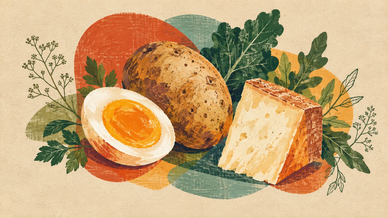 Illustration of a sliced boiled egg, whole potato, cheese wedge, and leafy greens over colorful shapes.