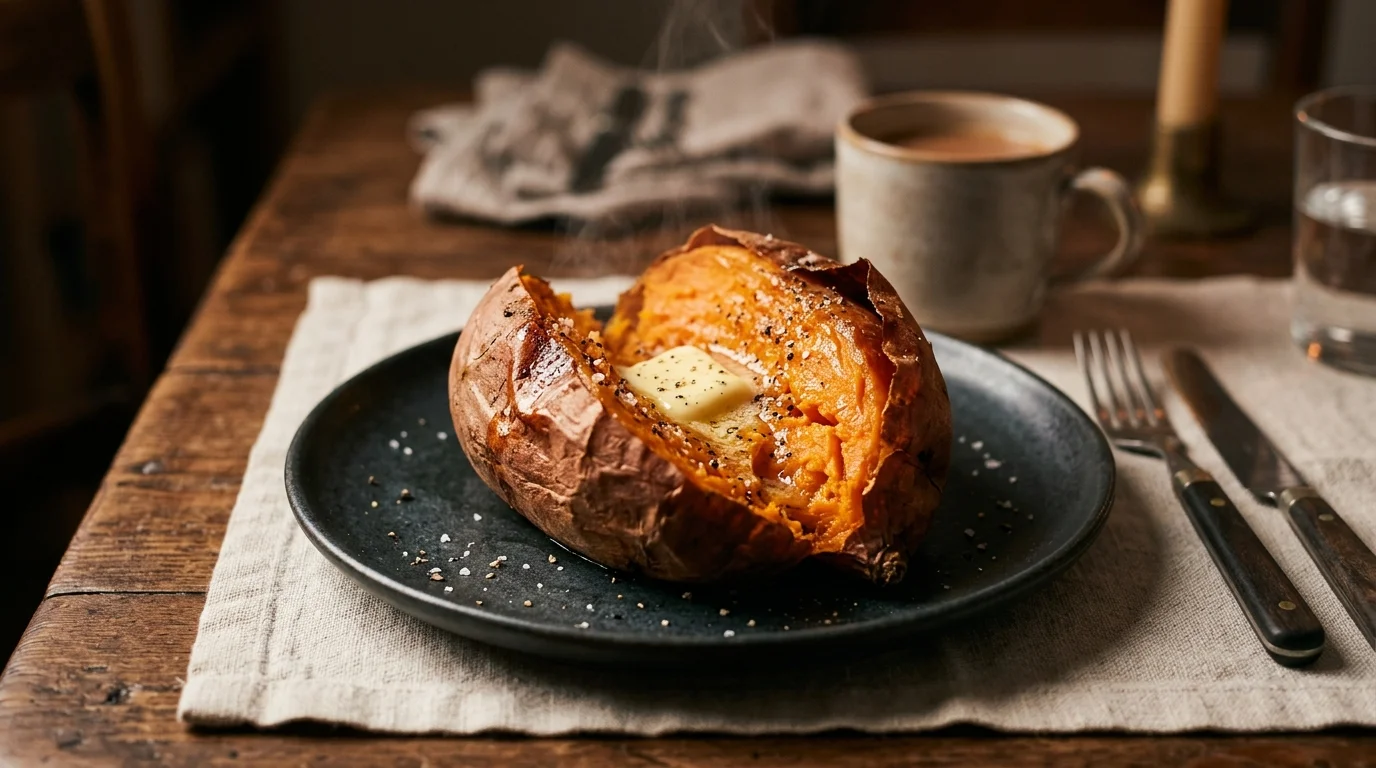 Steaming baked sweet potato split open with melting butter and cracked pepper on a dark ceramic plate.