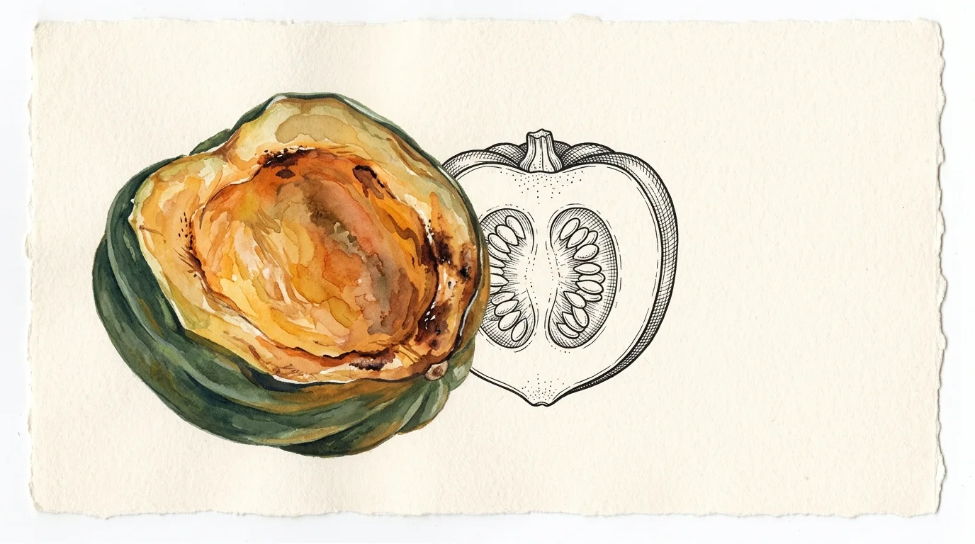 Watercolor illustration of a roasted acorn squash half beside an ink line drawing of a cross section with seeds.