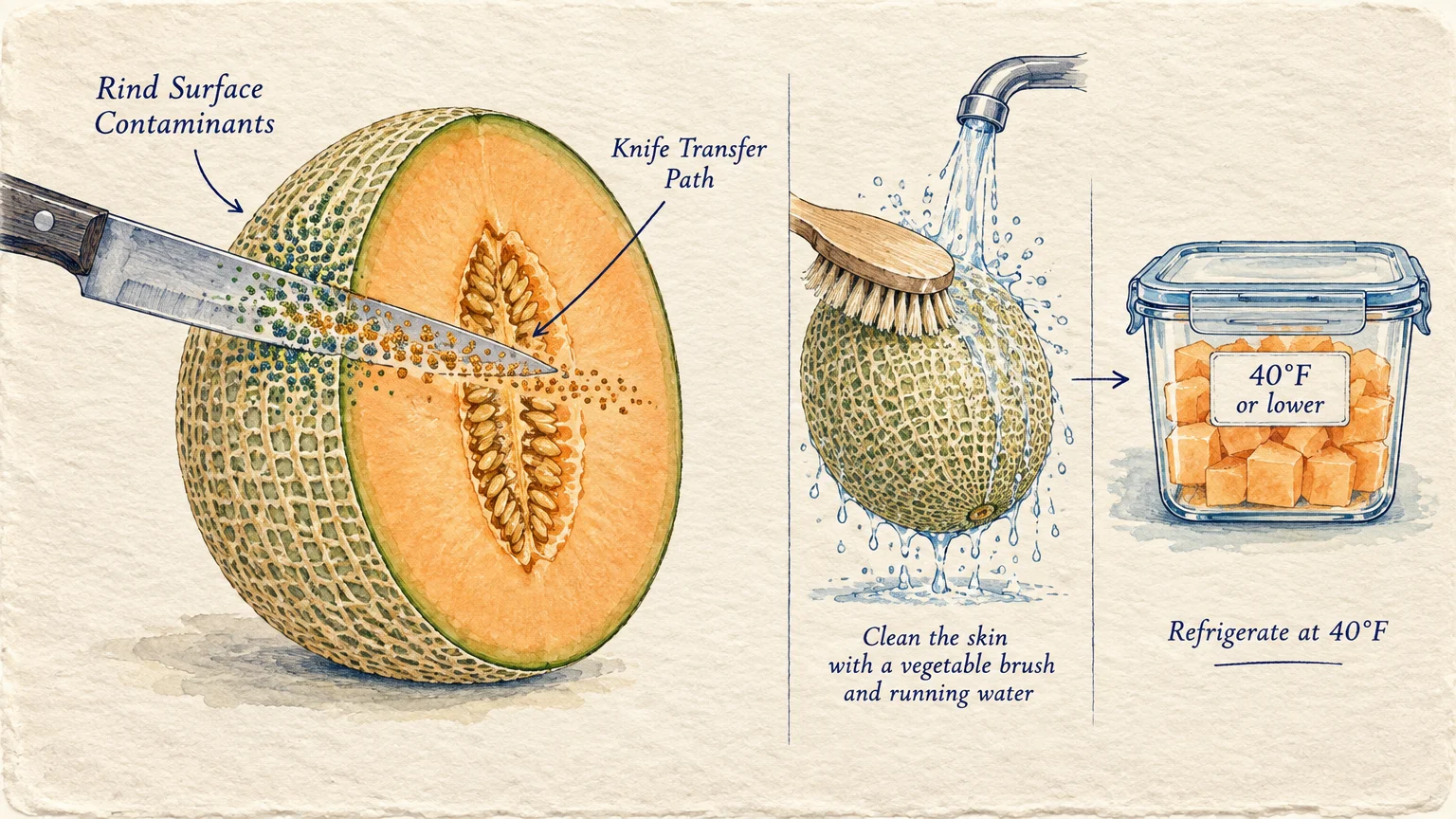 Diagram showing a knife slicing cantaloupe, washing the melon with a brush under a tap, and storing cut cubes at 40°F.