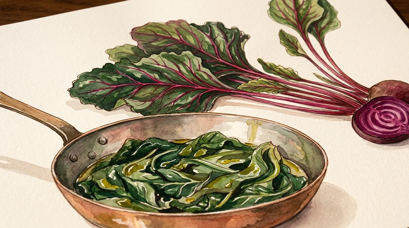 Watercolor illustration of cooked greens in a copper skillet beside fresh beets with vibrant leaves.