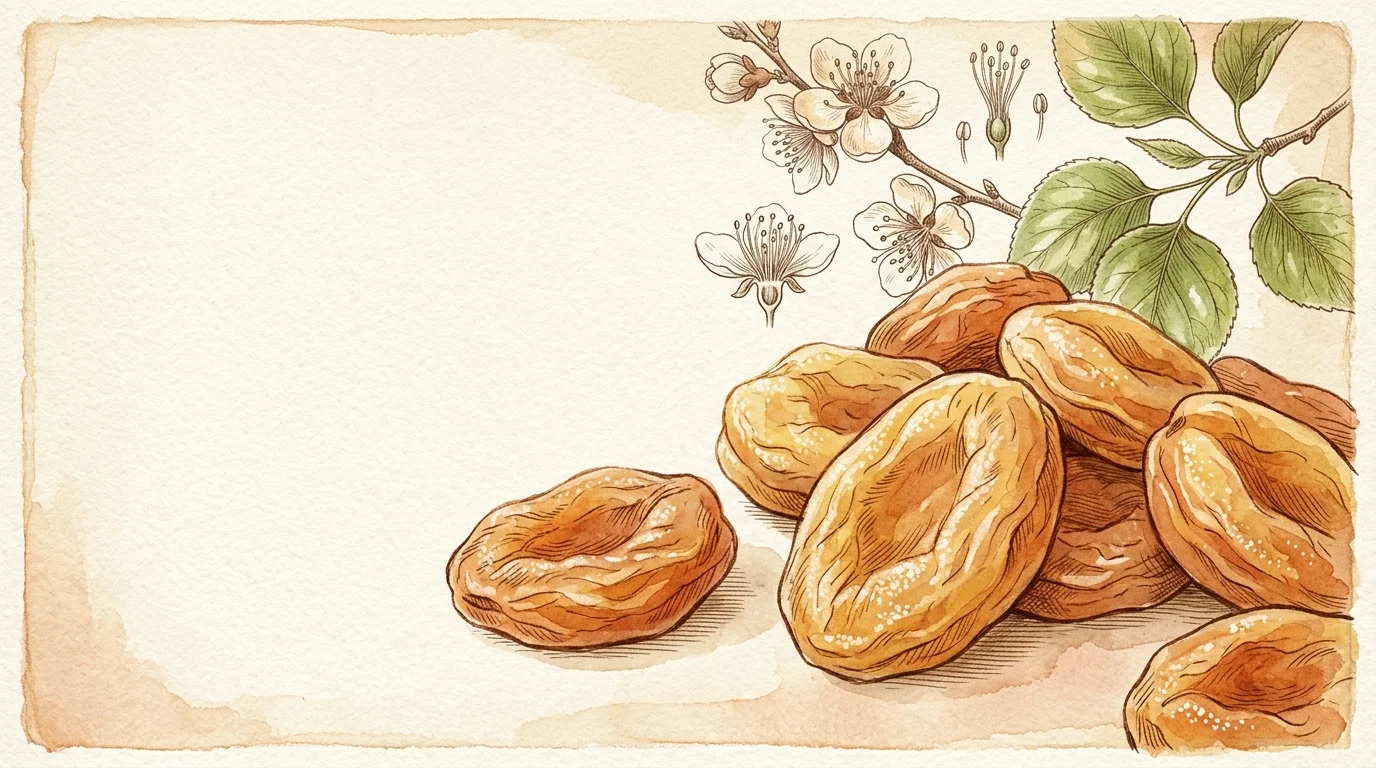 Botanical drawing of dried apricots alongside flowering branches with leaves on aged watercolor paper.